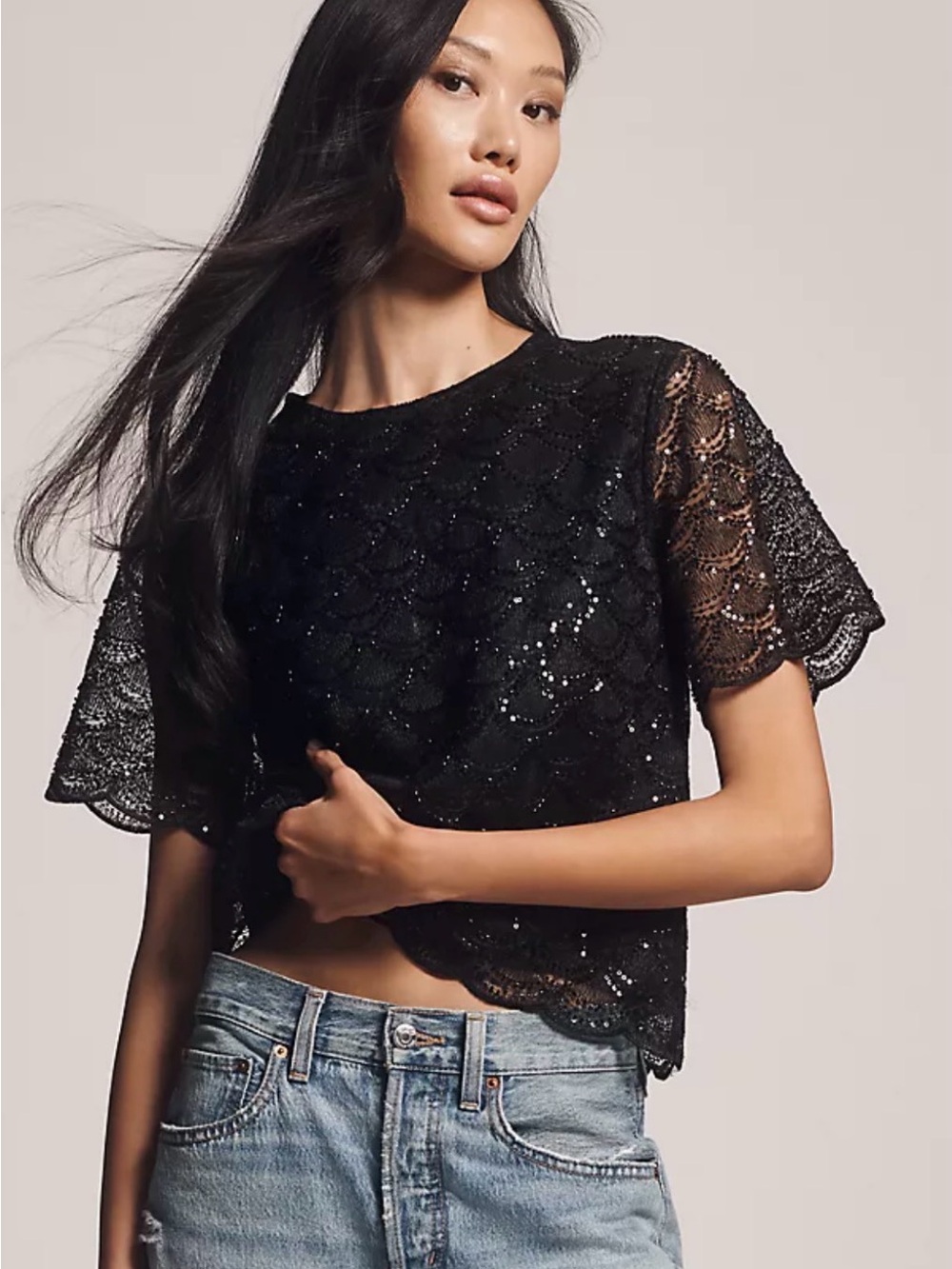 Anthropologie Women's Black Lace Sequin Short-Sleeve Crop Top